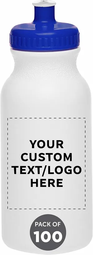 DISCOUNT PROMOS Custom White Water Bottles with Push Cap -100 pack, Customizable Text, Logo, 20 oz, Reusable BPA FREE Squeezable Bottles in Bulk, White Blue