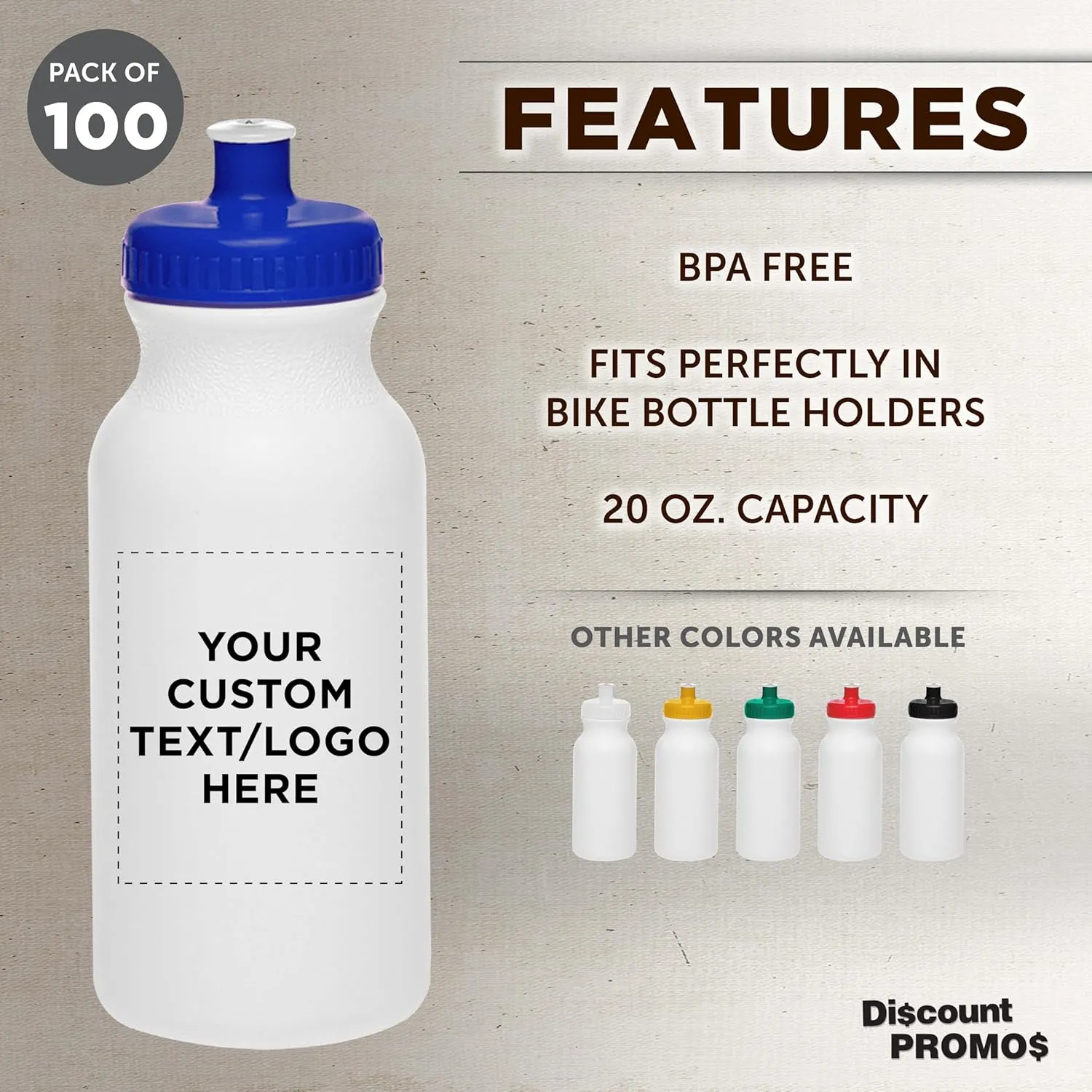 DISCOUNT PROMOS Custom White Water Bottles with Push Cap -100 pack, Customizable Text, Logo, 20 oz, Reusable BPA FREE Squeezable Bottles in Bulk, White Blue