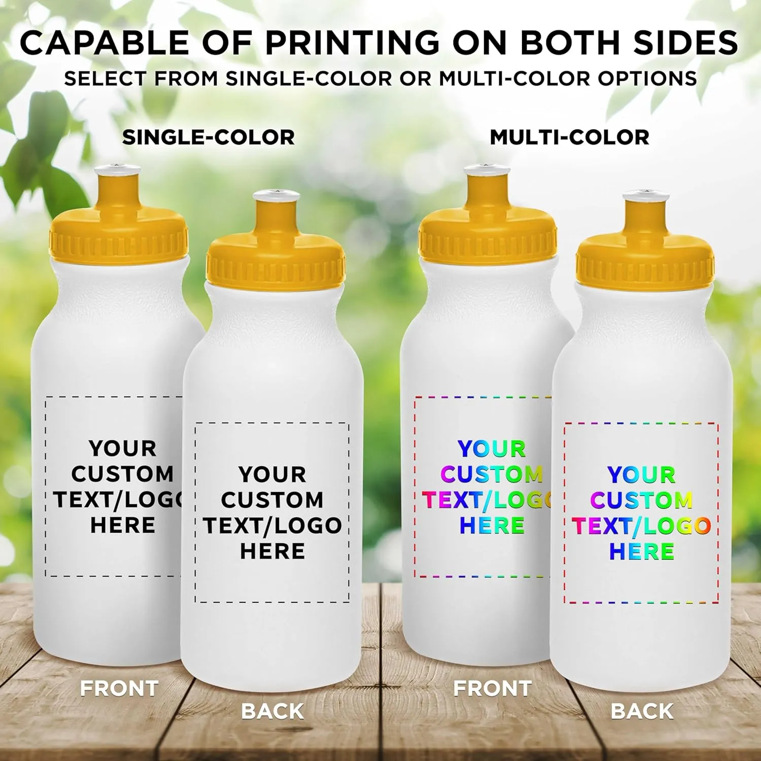 DISCOUNT PROMOS Custom White Water Bottles with Push Cap -100 pack, Customizable Text, Logo, 20 oz, Reusable BPA FREE Squeezable Bottles in Bulk - White Yellow