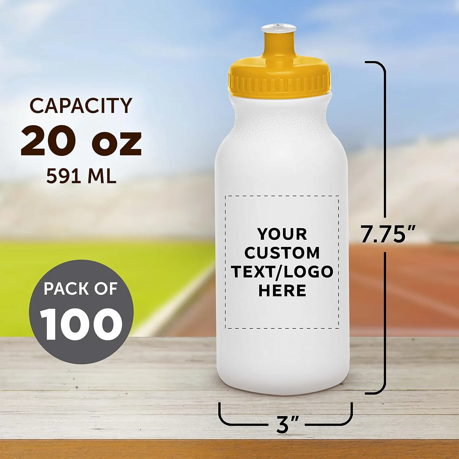 DISCOUNT PROMOS Custom White Water Bottles with Push Cap -100 pack, Customizable Text, Logo, 20 oz, Reusable BPA FREE Squeezable Bottles in Bulk - White Yellow
