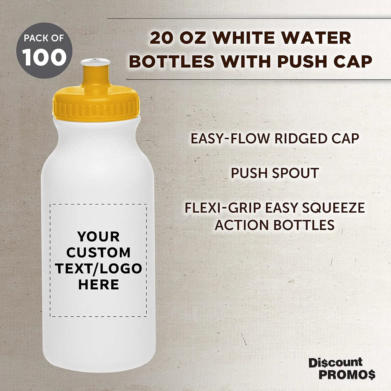DISCOUNT PROMOS Custom White Water Bottles with Push Cap -100 pack, Customizable Text, Logo, 20 oz, Reusable BPA FREE Squeezable Bottles in Bulk - White Yellow