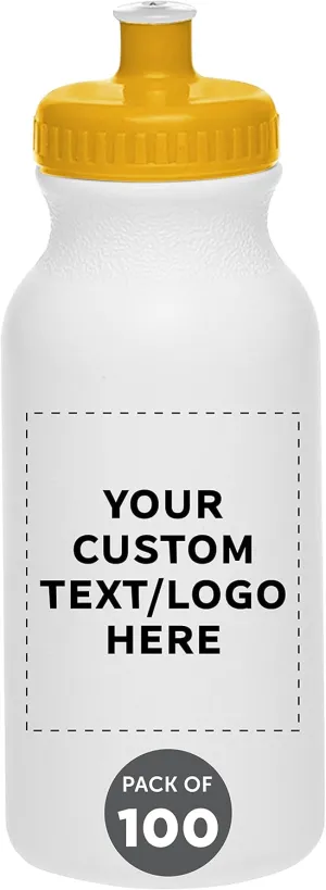 DISCOUNT PROMOS Custom White Water Bottles with Push Cap -100 pack, Customizable Text, Logo, 20 oz, Reusable BPA FREE Squeezable Bottles in Bulk - White Yellow