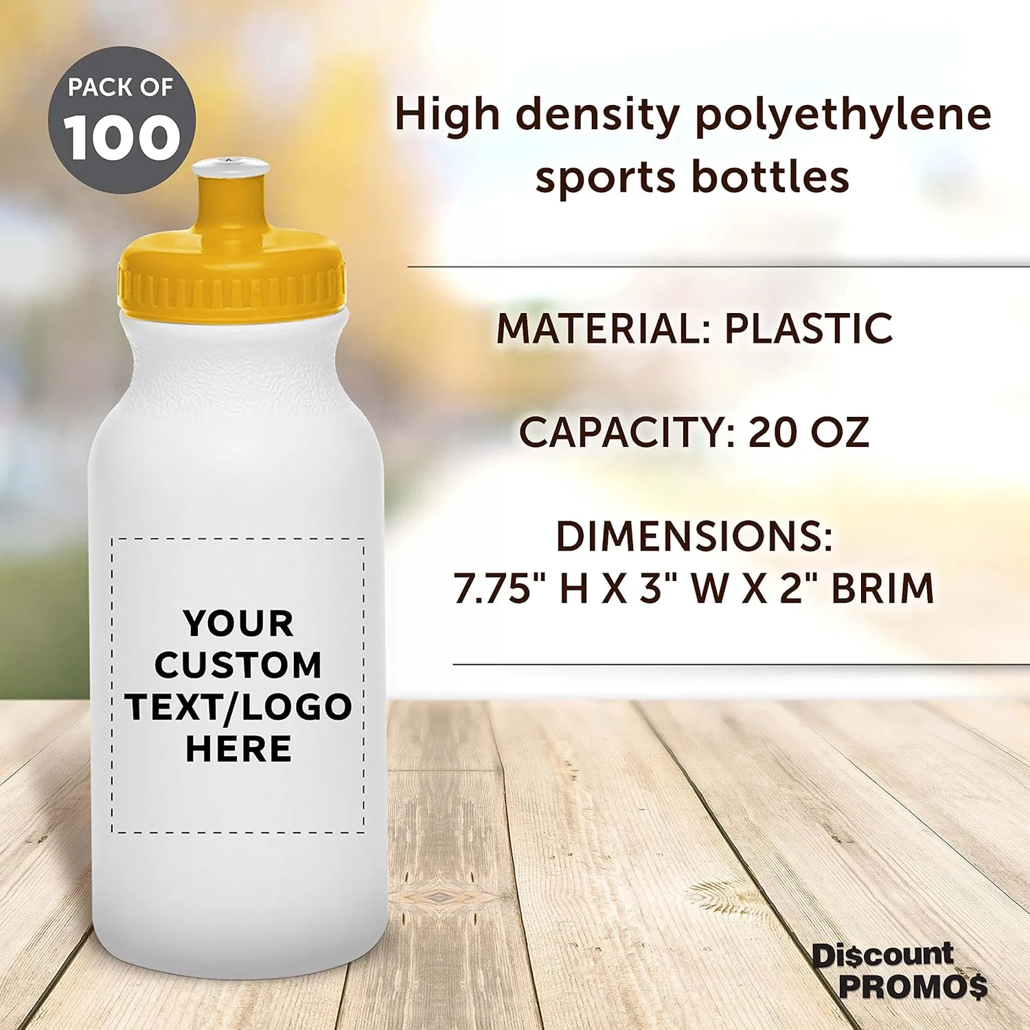 DISCOUNT PROMOS Custom White Water Bottles with Push Cap -100 pack, Customizable Text, Logo, 20 oz, Reusable BPA FREE Squeezable Bottles in Bulk - White Yellow