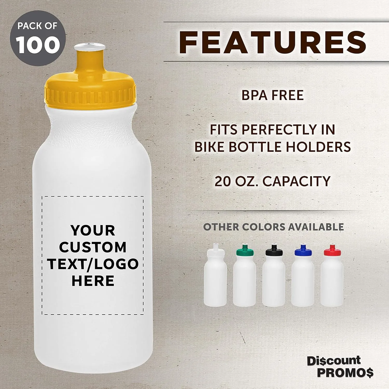 DISCOUNT PROMOS Custom White Water Bottles with Push Cap -100 pack, Customizable Text, Logo, 20 oz, Reusable BPA FREE Squeezable Bottles in Bulk - White Yellow