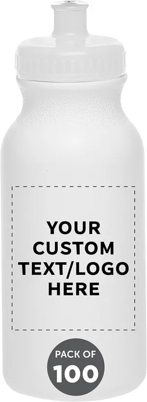 DISCOUNT PROMOS Custom White Water Bottles with Push Cap -100 pack, Customizable Text, Logo, 20 oz, Reusable BPA FREE Squeezable Bottles in Bulk - White