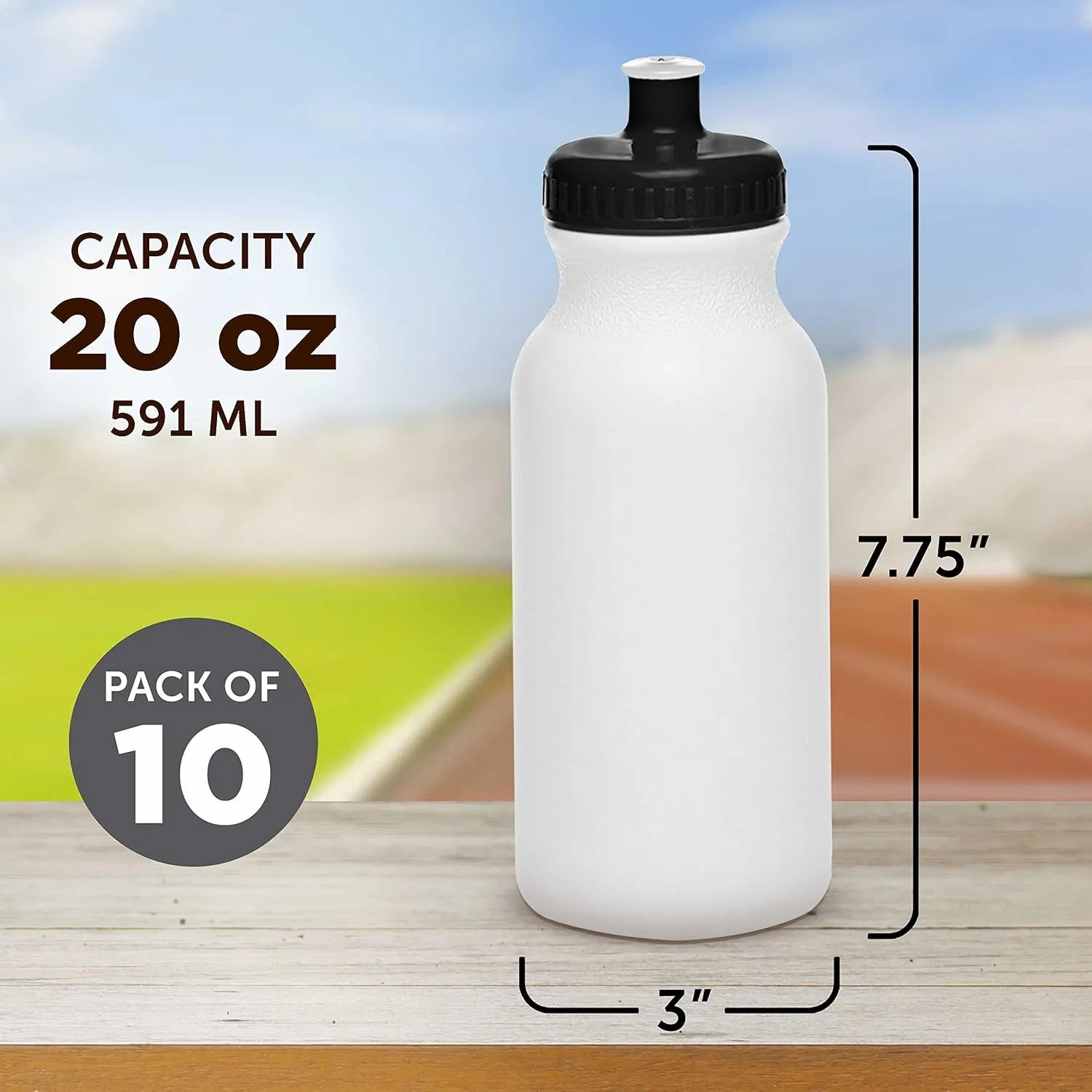 DISCOUNT PROMOS White Water Bottles with Push Cap, 10 pack, 20 oz, Reusable BPA FREE Squeezable Bottles in Bulk, White Black