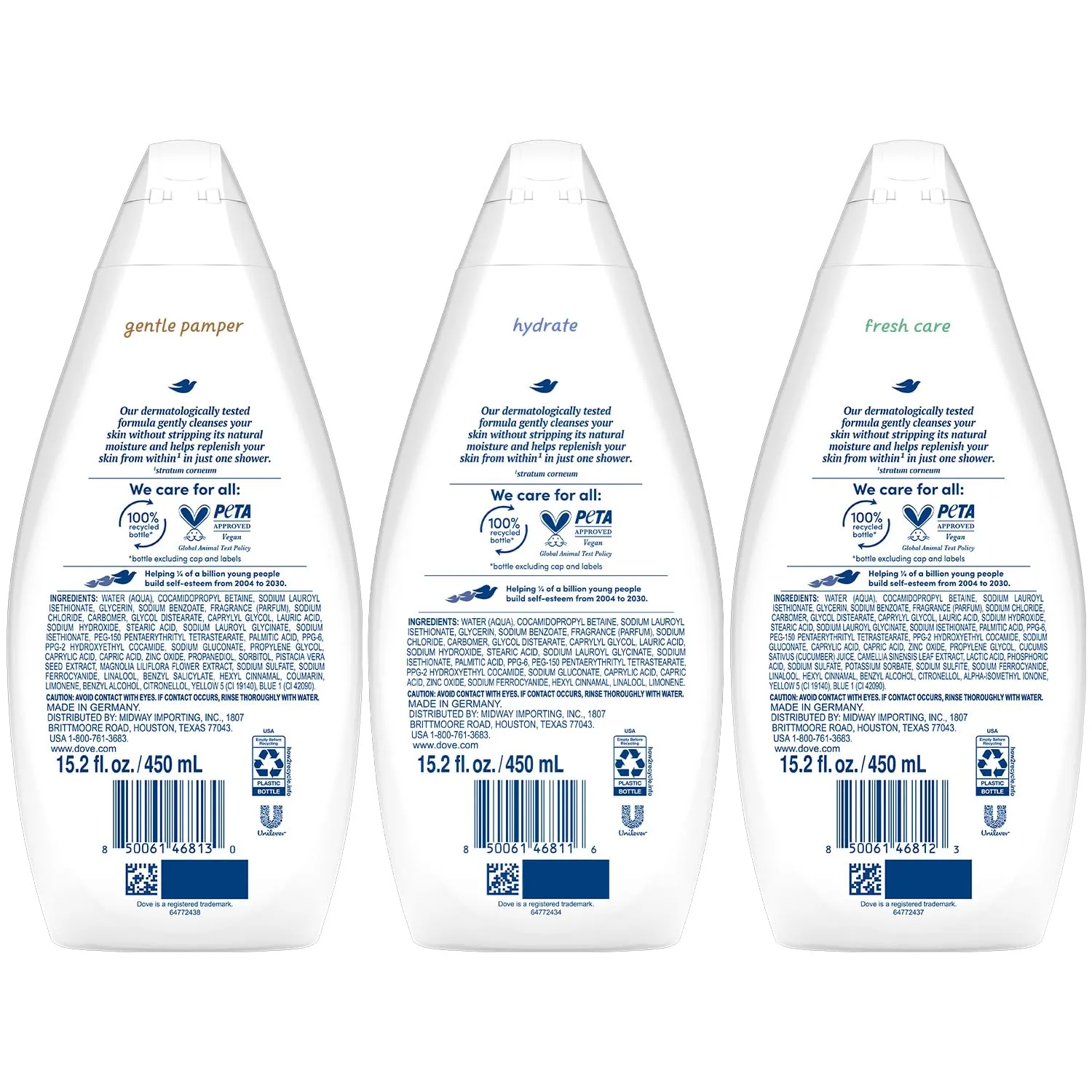 Dove Body Wash Variety 3-Pack – Hydrate, Fresh Care, and Gentle Pamper, 15.22 Oz Ea