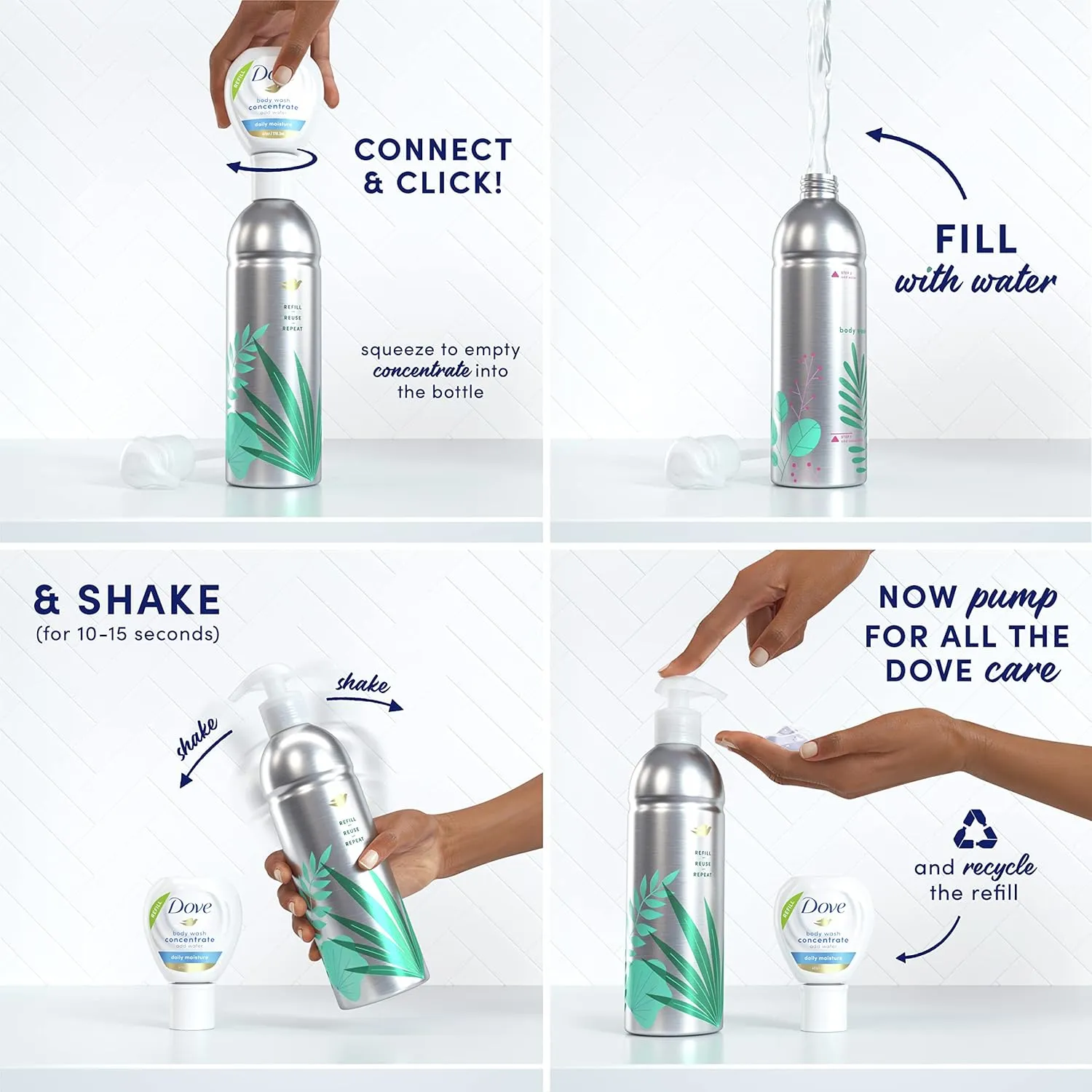 Dove Concentrate Refill 4 Count for Instantly Soft Skin and Lasting Nourishment Daily Moisture Refill for use Reusable Bottle 4 fl oz (makes 16 fl oz of Body Wash)