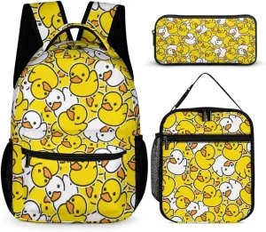 Duck Backpack with Lunch Box & Pencil Case, 16 Inch Cute Duck Themed Bookbag, Adjustable Lightweight Large Capacity, Colorful Duck Backpack Set for Kids Girls Boys School