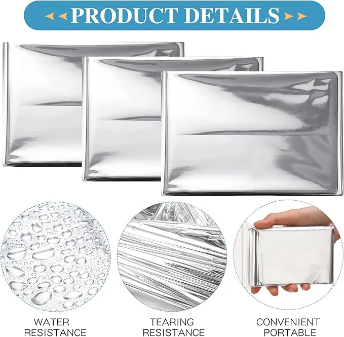Emergency Blanket Bulk Mylar Survival Thermal Blankets Pack Silver Foil Reflective Blankets for Cold Outdoors Camping Hiking First Aid Shelter Space Emergency Supplies Blanket Set
