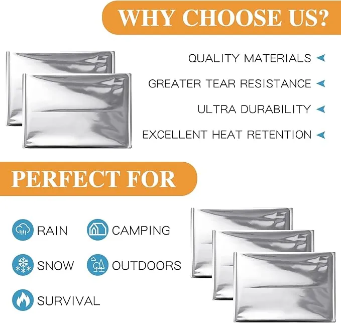 Emergency Blanket Bulk Mylar Survival Thermal Blankets Pack Silver Foil Reflective Blankets for Cold Outdoors Camping Hiking First Aid Shelter Space Emergency Supplies Blanket Set
