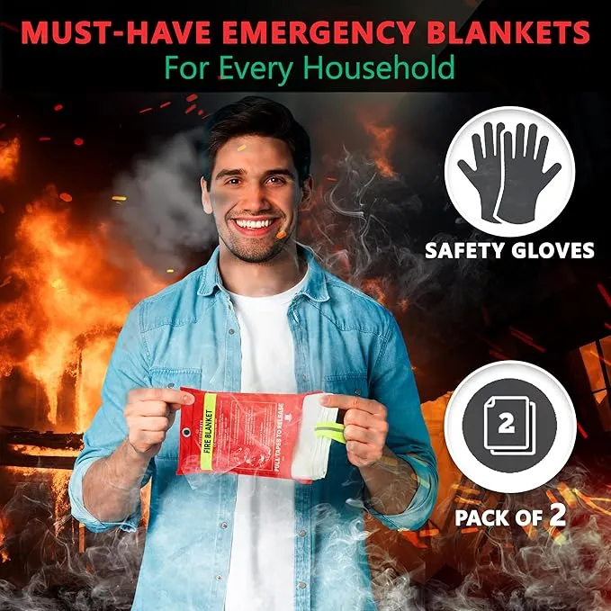 Emergency Fire Blanket for Home, 2 Blankets with 2 Pairs of Gloves, Fiberglass Fire Blanket, Fire Extinguisher Blanket, Fire Suppression Blanket for Kitchen, Grill & Camping 39”x39”