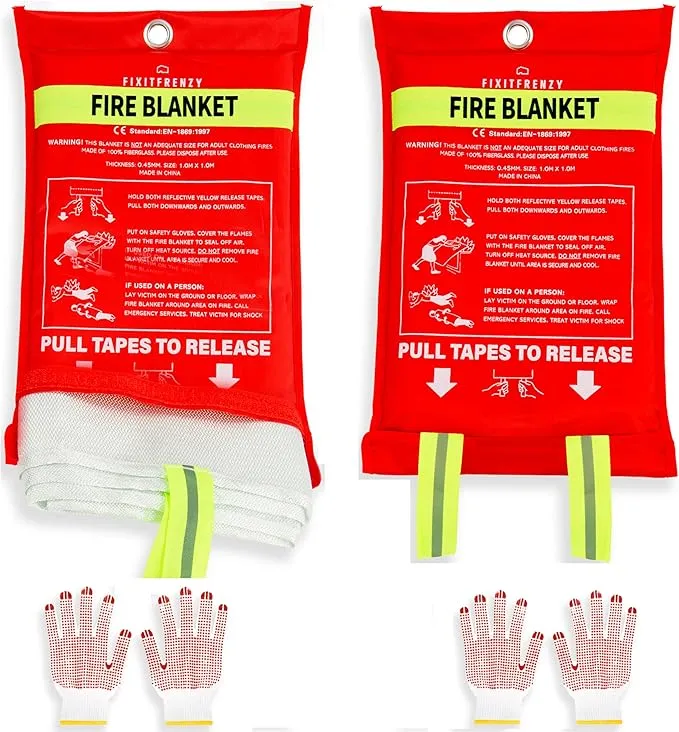 Emergency Fire Blanket for Home, 2 Blankets with 2 Pairs of Gloves, Fiberglass Fire Blanket, Fire Extinguisher Blanket, Fire Suppression Blanket for Kitchen, Grill & Camping 39”x39”