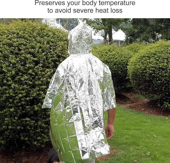 Emergency Foil Mylar Thermal Blanket, Rain Poncho with Hood Hybrid Survival Gear Reduce Uneven Heat Environment Waterproof Equipment for Outdoors First Aid Designed Metallized Covering Sheet