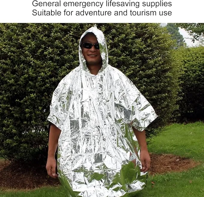 Emergency Foil Mylar Thermal Blanket, Rain Poncho with Hood Hybrid Survival Gear Reduce Uneven Heat Environment Waterproof Equipment for Outdoors First Aid Designed Metallized Covering Sheet