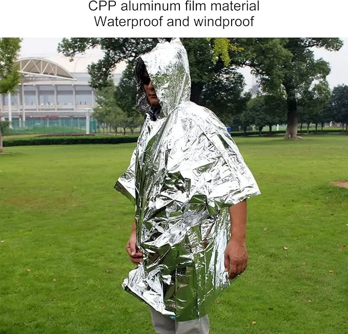 Emergency Foil Mylar Thermal Blanket, Rain Poncho with Hood Hybrid Survival Gear Reduce Uneven Heat Environment Waterproof Equipment for Outdoors First Aid Designed Metallized Covering Sheet