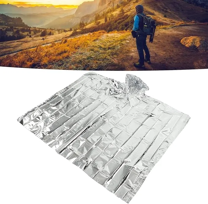 Emergency Foil Mylar Thermal Blanket, Rain Poncho with Hood Hybrid Survival Gear Reduce Uneven Heat Environment Waterproof Equipment for Outdoors First Aid Designed Metallized Covering Sheet