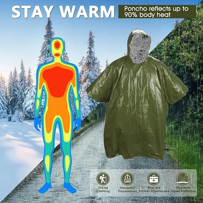 Emergency Rain Poncho - Portable Camping Emergency Blankets, Survival Blankets, Reusable Weather Resistant Raincoat