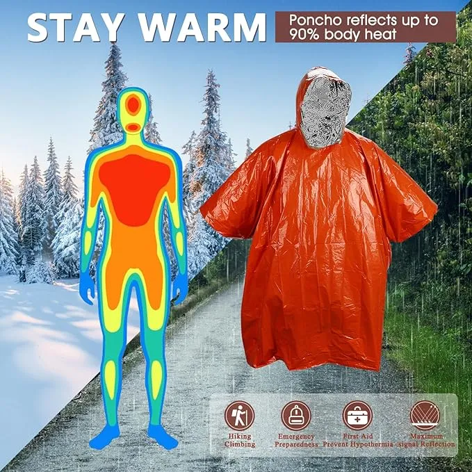 Emergency Rain Poncho - Portable Camping Emergency Blankets, Survival Blankets, Reusable Weather Resistant Raincoat