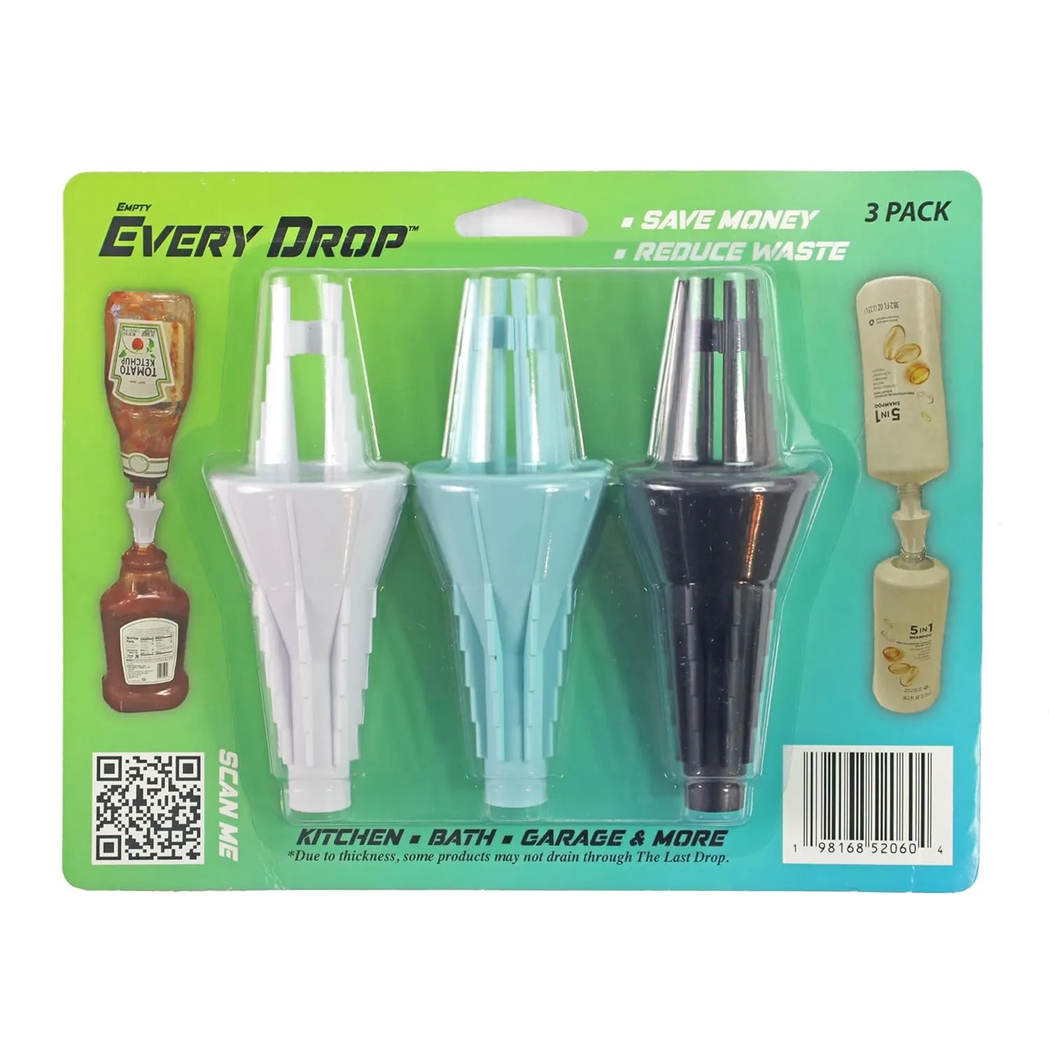 Every Drop 3 Pack Universal Bottle Emptying Kit Transfer Connector for Soap, Lotion, Shampoo, Conditioner, and Kitchen Condiments, Mess Free Leak Proof Funnel Coupler