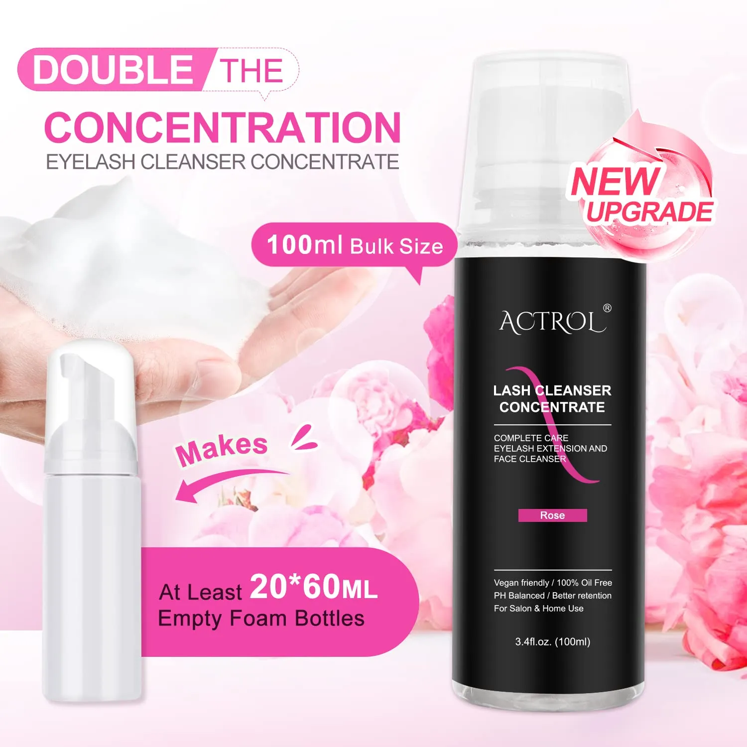 Eyelash Cleaner Concentrate Set Rose 100ml Eyelash Extension Shampoo Natural Foaming Cleanser 60ml Bottled Cleansing Brush Paraben and Sulfate Free Lashes & Salon Home Care Eyelash Shampoo
