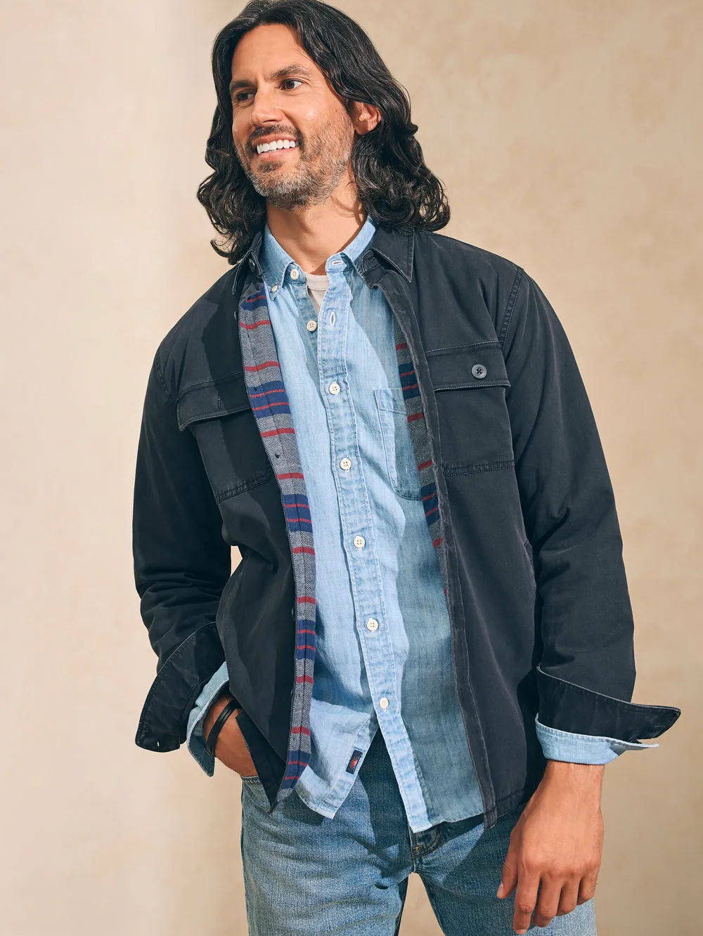 FAHERTY STRETCH BLANKET LINED CPO IN WASHED BLACK