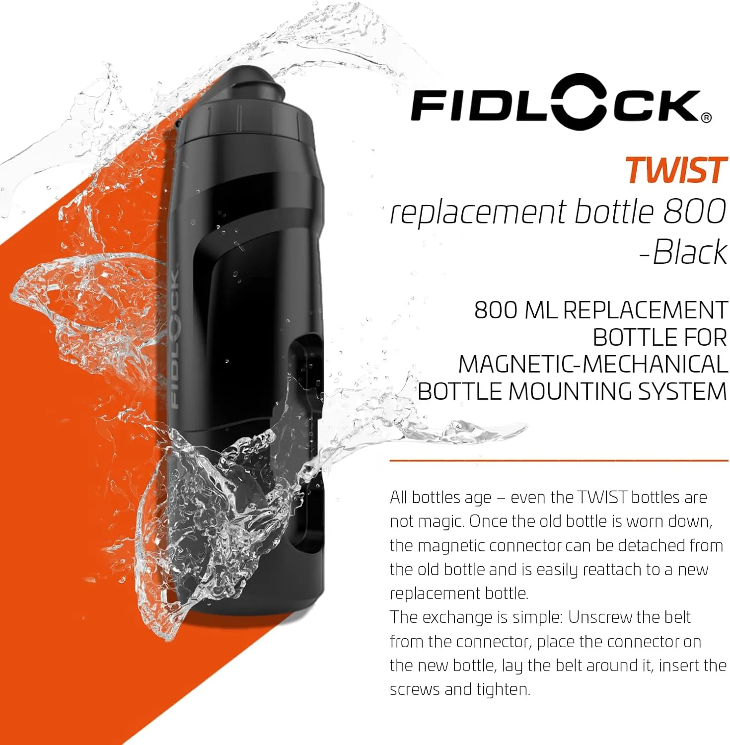 FIDLOCK Twist Replacement Bottle 800ml/27oz | Includes Twist Bottle Only (Twist Base Not Included) | Black