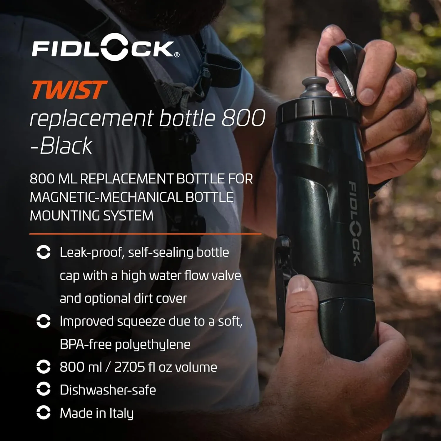 FIDLOCK Twist Replacement Bottle 800ml/27oz | Includes Twist Bottle Only (Twist Base Not Included) | Black