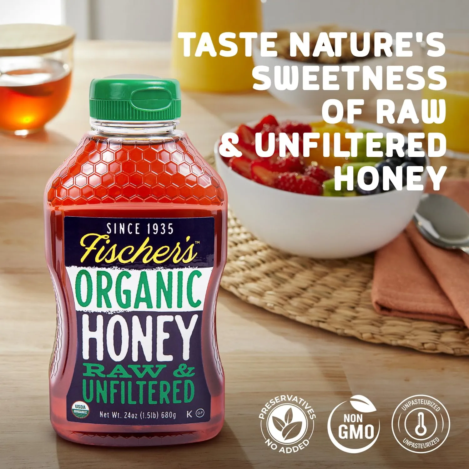 Fischer's 100% Organic Honey, USDA Certified, 24 Oz – Pure, Raw & Unfiltered Honey – All-Natural Sweetener – Rich Flavor Profile, Packed with Nutrients