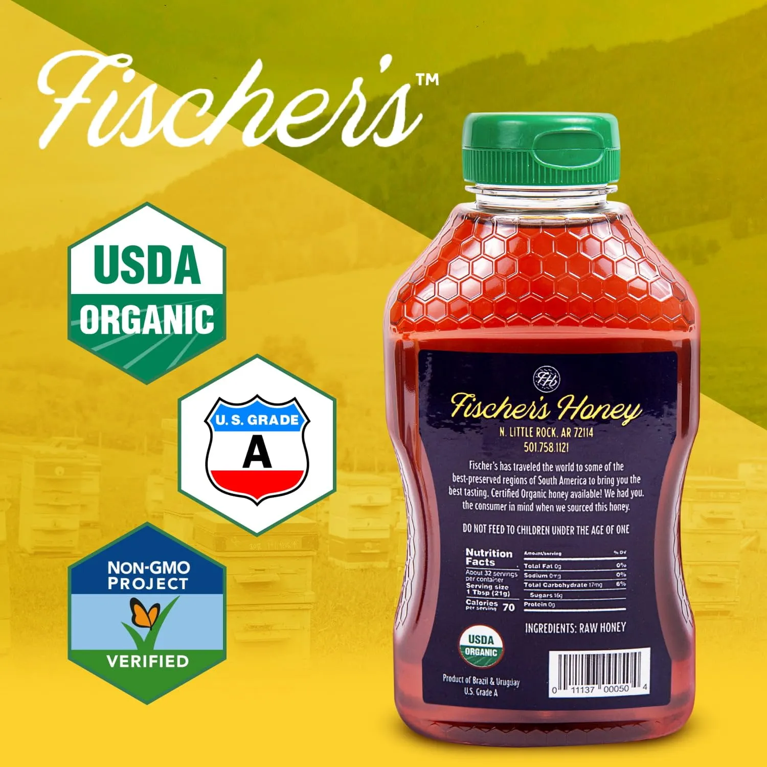 Fischer's 100% Organic Honey, USDA Certified, 24 Oz – Pure, Raw & Unfiltered Honey – All-Natural Sweetener – Rich Flavor Profile, Packed with Nutrients