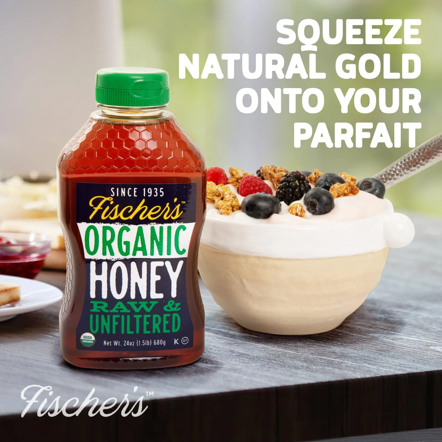 Fischer's 100% Organic Honey, USDA Certified, 24 Oz – Pure, Raw & Unfiltered Honey – All-Natural Sweetener – Rich Flavor Profile, Packed with Nutrients