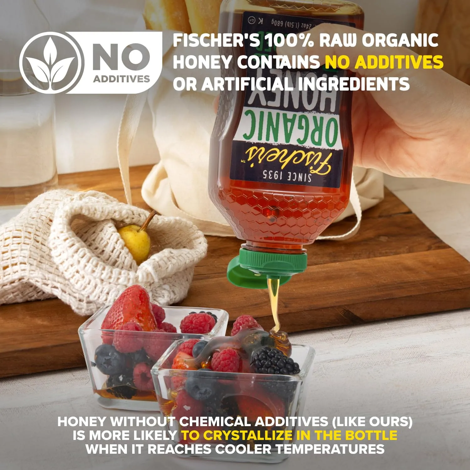 Fischer's 100% Organic Honey, USDA Certified, 24 Oz – Pure, Raw & Unfiltered Honey – All-Natural Sweetener – Rich Flavor Profile, Packed with Nutrients