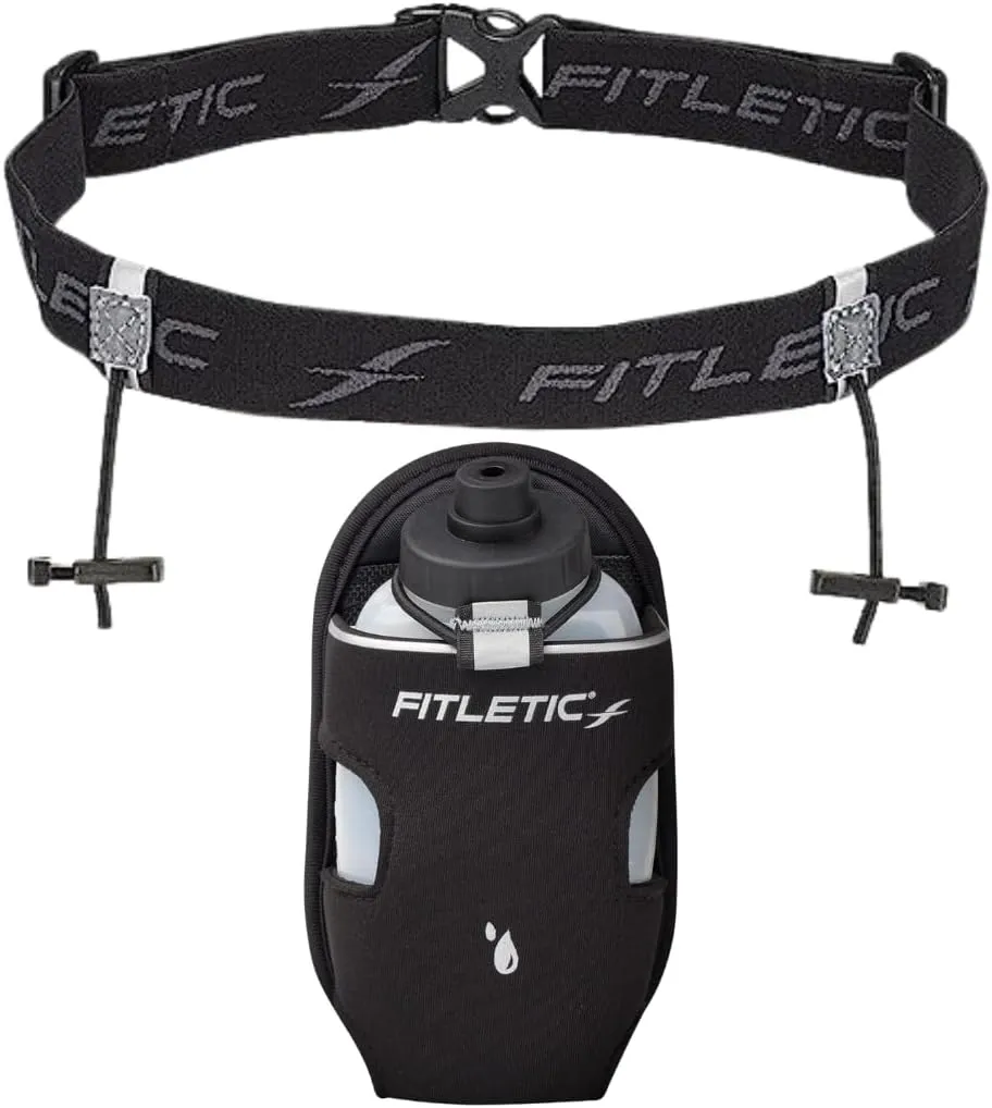 Fitletic - Extra Mile Holster Bottle Add-On, Water Bottle Holder with Clear Water Bottle for Running Belt, Fitletic Hydration (8 Oz Single & Belt, Black Cap)