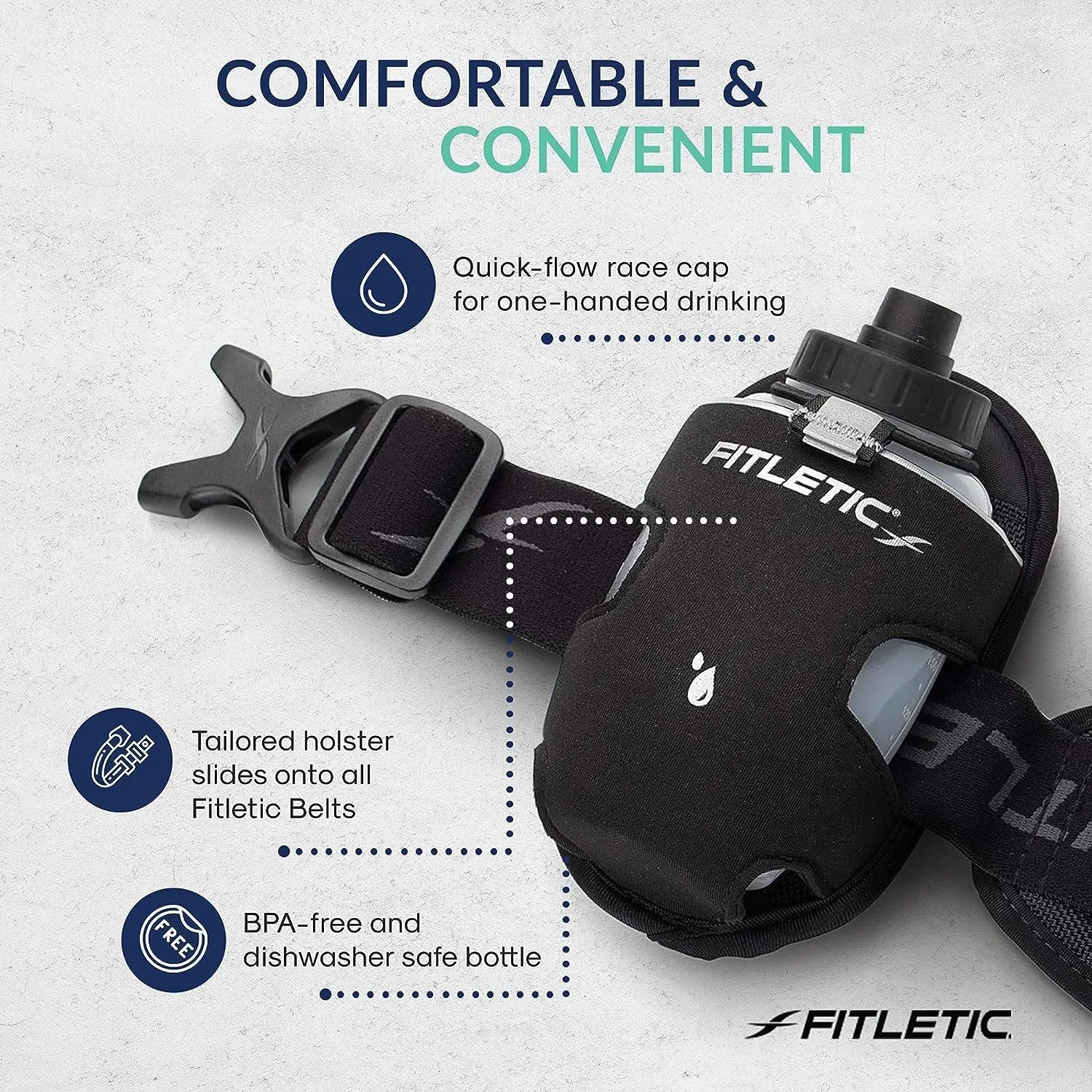 Fitletic - Extra Mile Holster Bottle Add-On, Water Bottle Holder with Clear Water Bottle for Running Belt, Fitletic Hydration (8 Oz Single & Belt, Black Cap)