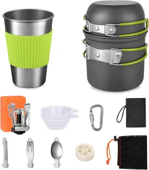 G4Free 13 Pcs Camping Cookware Stove Mess Kit, Cooking Pot Pan Bowl, Mini Stove, Stainless Steel Cup, Knife Fork Spoon Set for Backpacking, Camping Hiking and Picnic