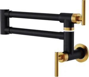GIMILI Black and Gold Commercial Wall Mount Faucet Folding Stretchable Double Joint Swing Arm Pot Filler Copper Rotatable Wall Faucet