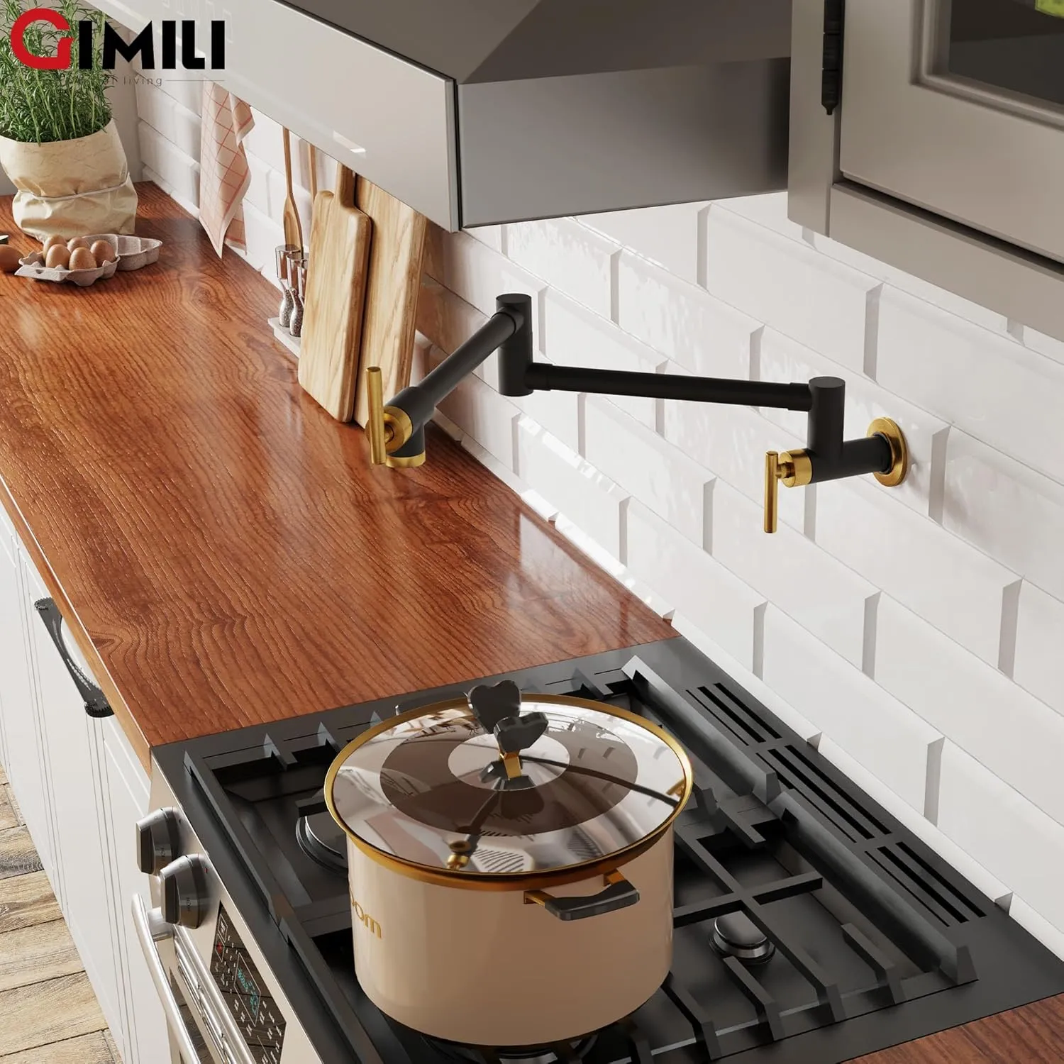 GIMILI Black and Gold Commercial Wall Mount Faucet Folding Stretchable Double Joint Swing Arm Pot Filler Copper Rotatable Wall Faucet