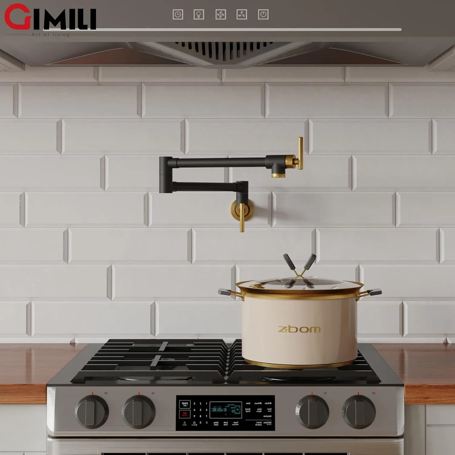 GIMILI Black and Gold Commercial Wall Mount Faucet Folding Stretchable Double Joint Swing Arm Pot Filler Copper Rotatable Wall Faucet