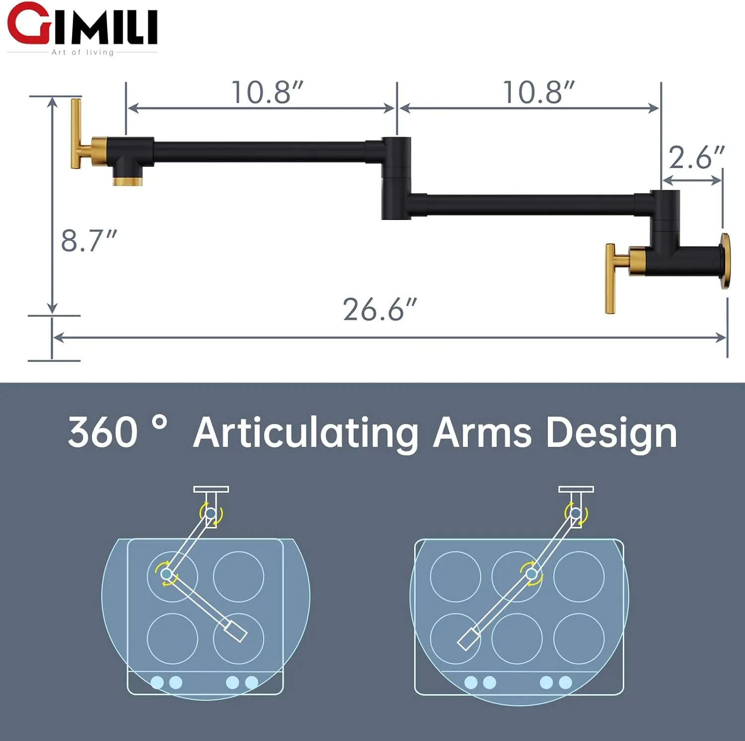 GIMILI Black and Gold Commercial Wall Mount Faucet Folding Stretchable Double Joint Swing Arm Pot Filler Copper Rotatable Wall Faucet