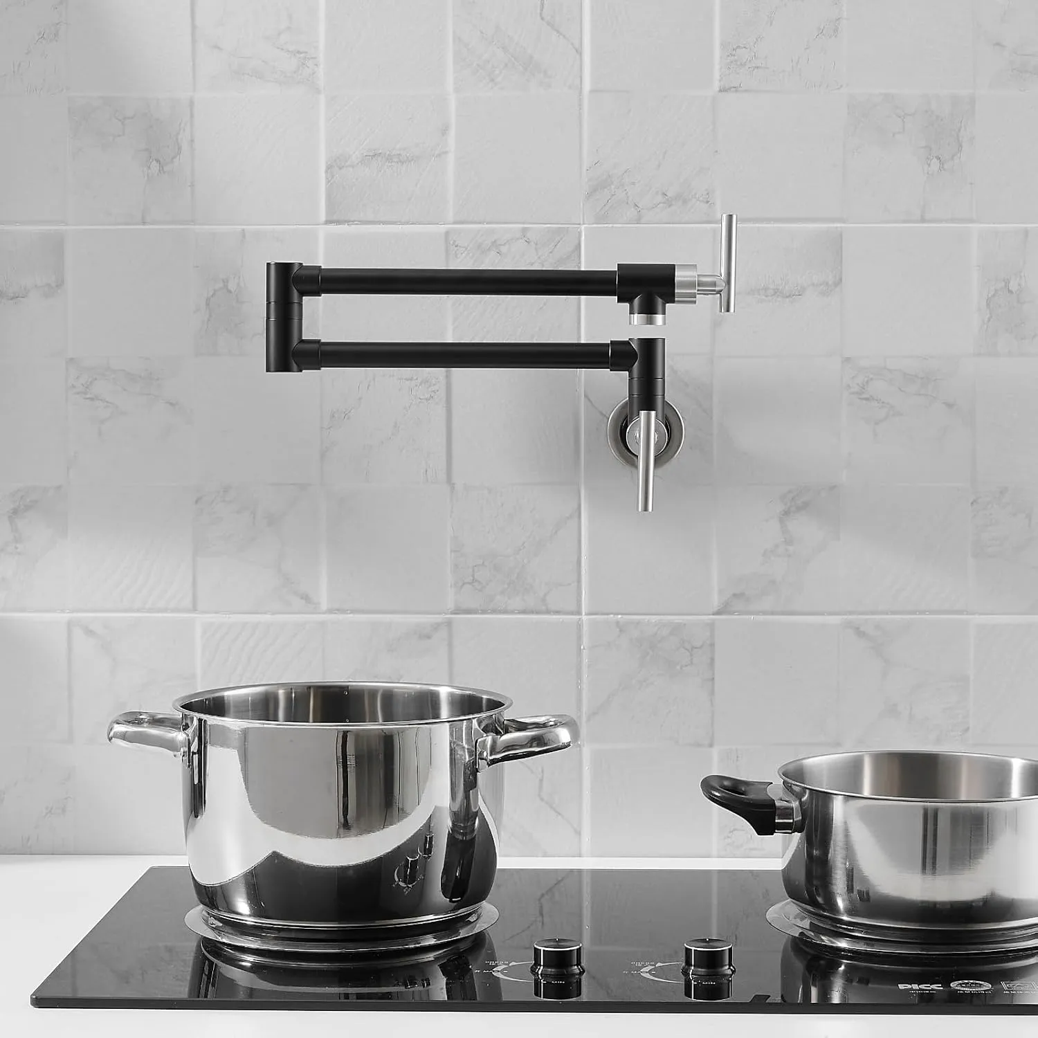 GIMILI Black and Nickel Commercial Wall Mount Faucet Folding Stretchable Double Joint Swing Arm Pot Filler Copper Rotatable Wall Faucet