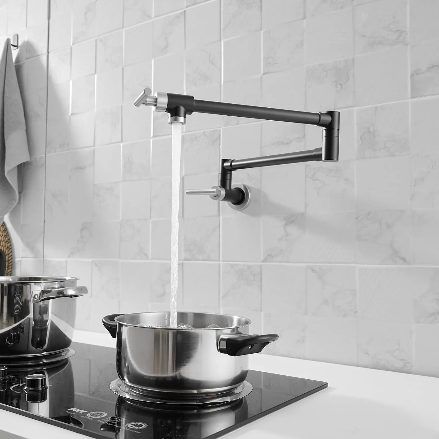 GIMILI Black and Nickel Commercial Wall Mount Faucet Folding Stretchable Double Joint Swing Arm Pot Filler Copper Rotatable Wall Faucet