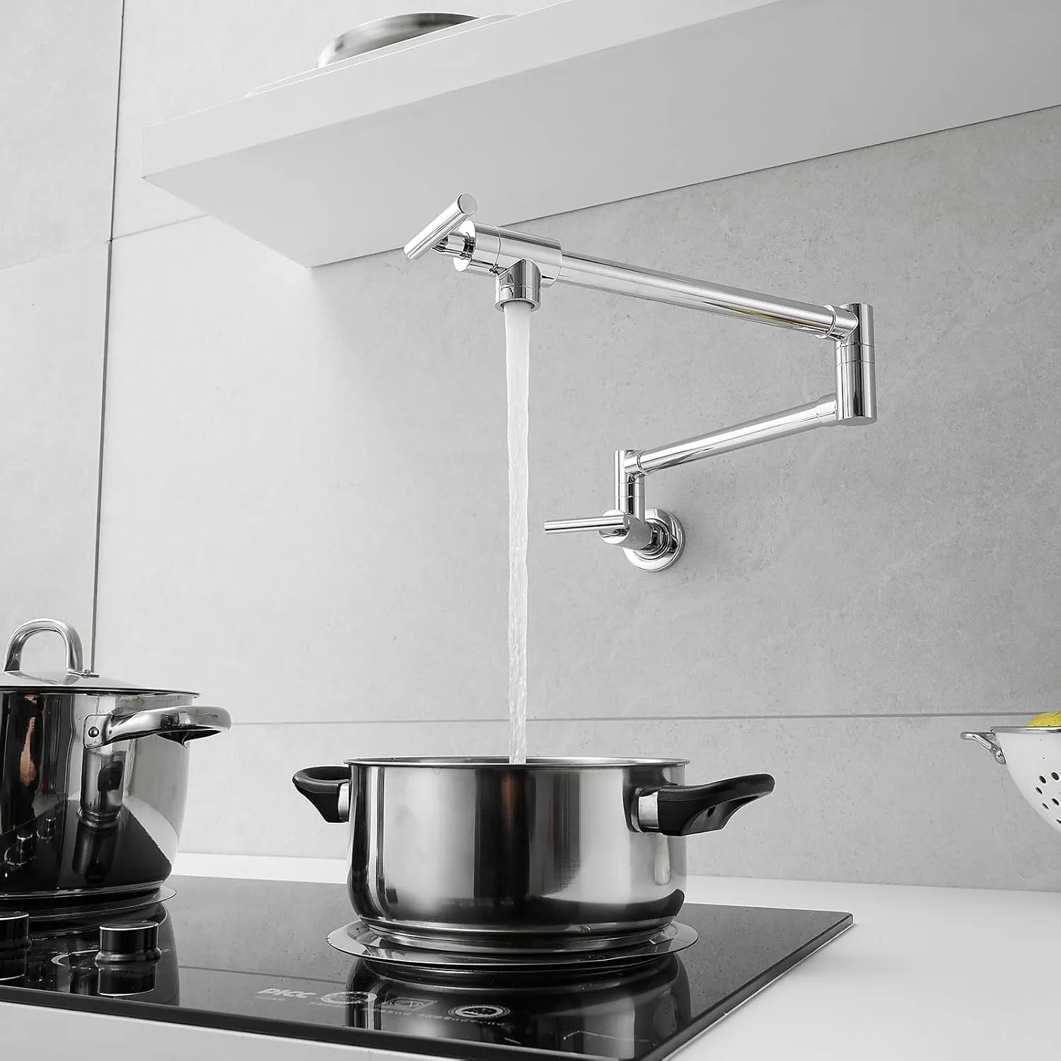 GIMILI Chrome Pot Filler Commercial Wall Mount Faucet Folding Stretchable Double Joint Swing Arm Pot Filler Copper Rotatable Wall Faucet