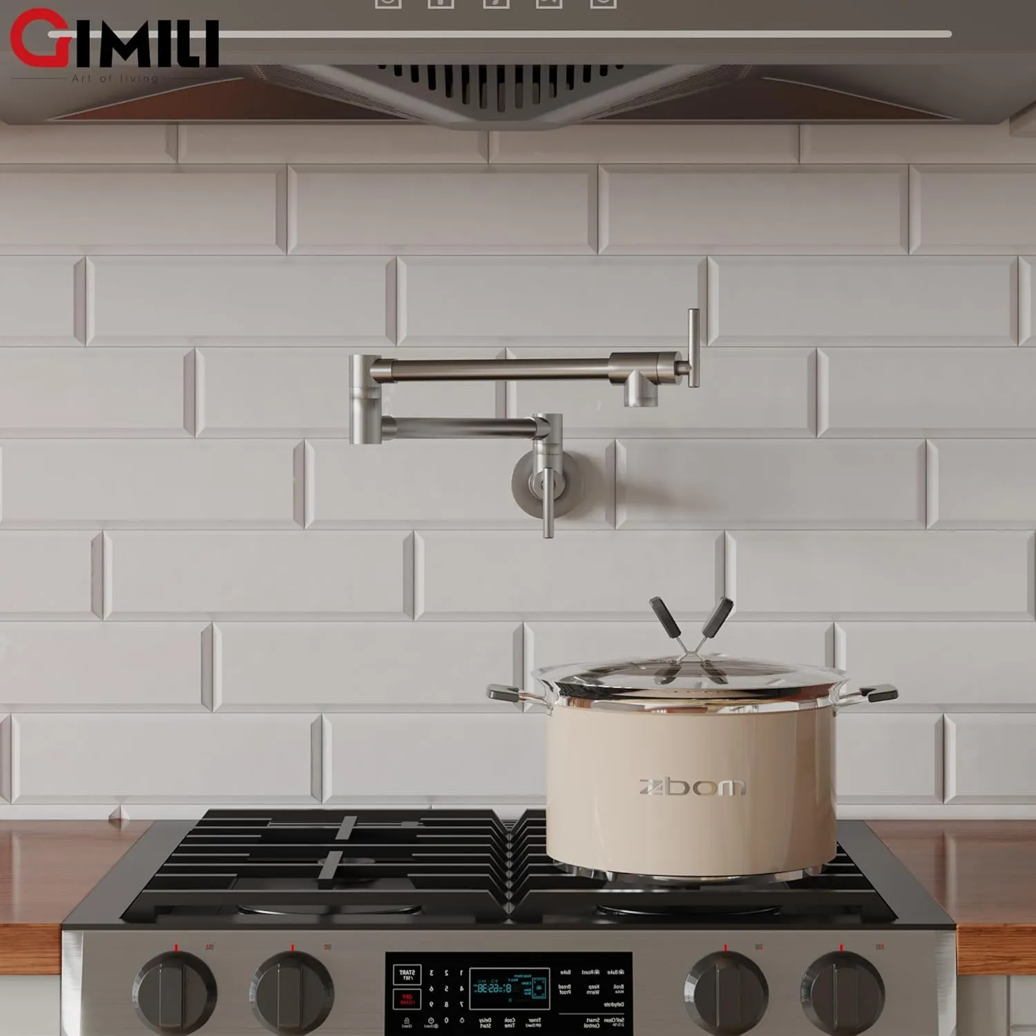GIMILI Pot Filler Brushed Nickel Commercial Wall Mount Faucet Folding Stretchable Double Joint Swing Arm Pot Filler Copper Rotatable Wall Faucet