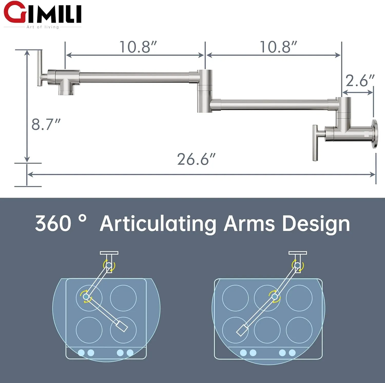 GIMILI Pot Filler Brushed Nickel Commercial Wall Mount Faucet Folding Stretchable Double Joint Swing Arm Pot Filler Copper Rotatable Wall Faucet