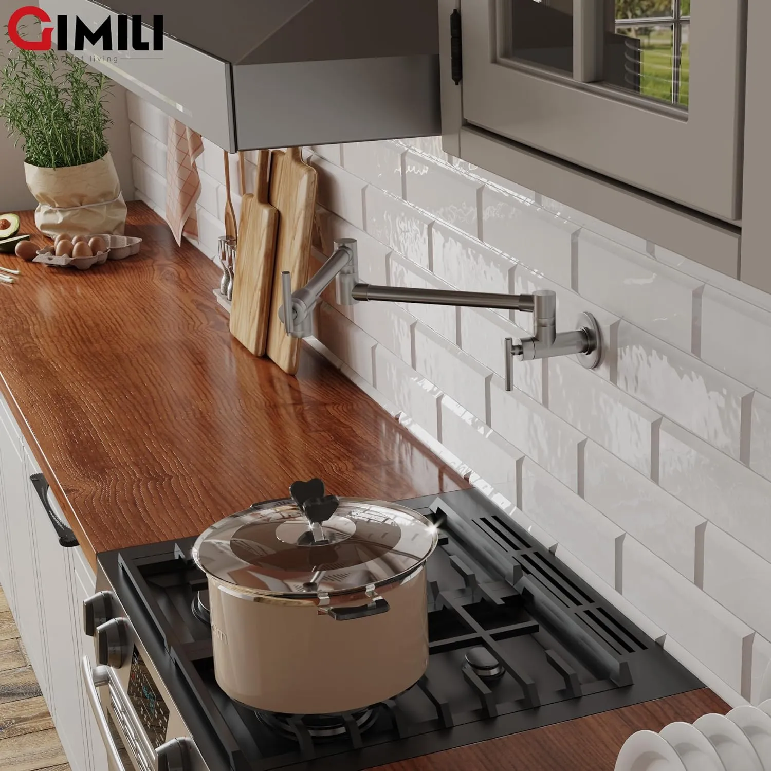 GIMILI Pot Filler Brushed Nickel Commercial Wall Mount Faucet Folding Stretchable Double Joint Swing Arm Pot Filler Copper Rotatable Wall Faucet