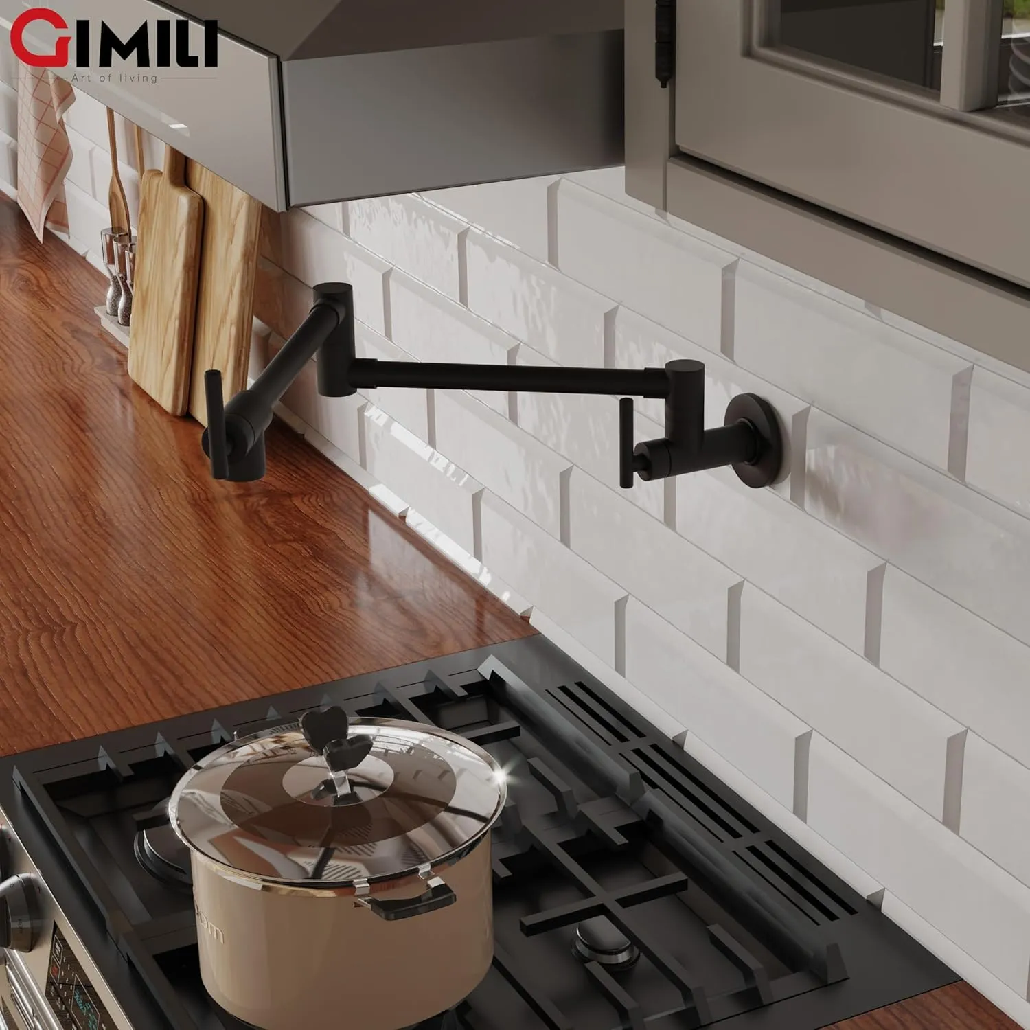 GIMILI Pot Filler Faucet Matte Black Wall Mount Folding Over Stove Stretchable Double Joint Swing Arm Kitchen Faucet