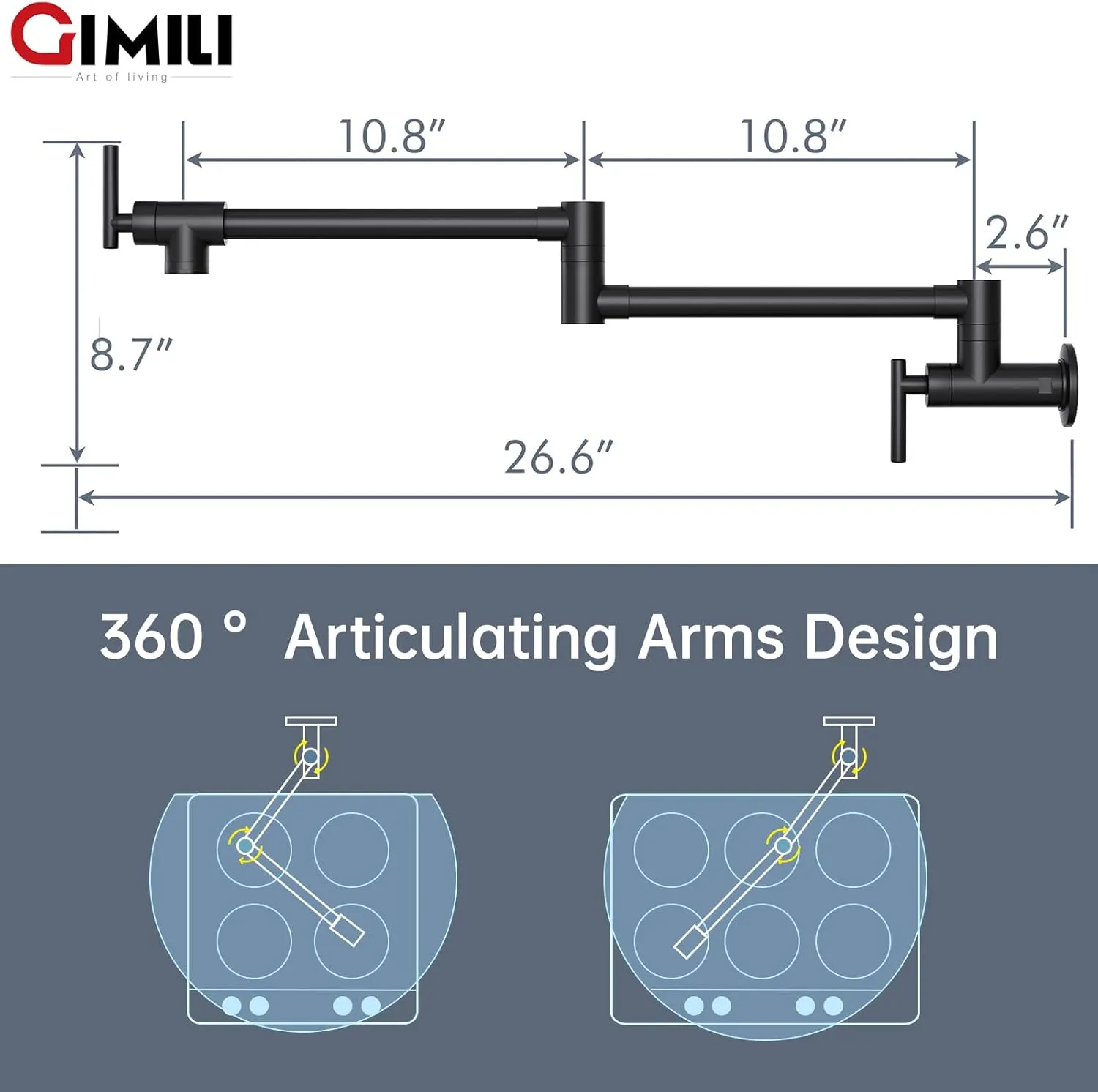 GIMILI Pot Filler Faucet Matte Black Wall Mount Folding Over Stove Stretchable Double Joint Swing Arm Kitchen Faucet