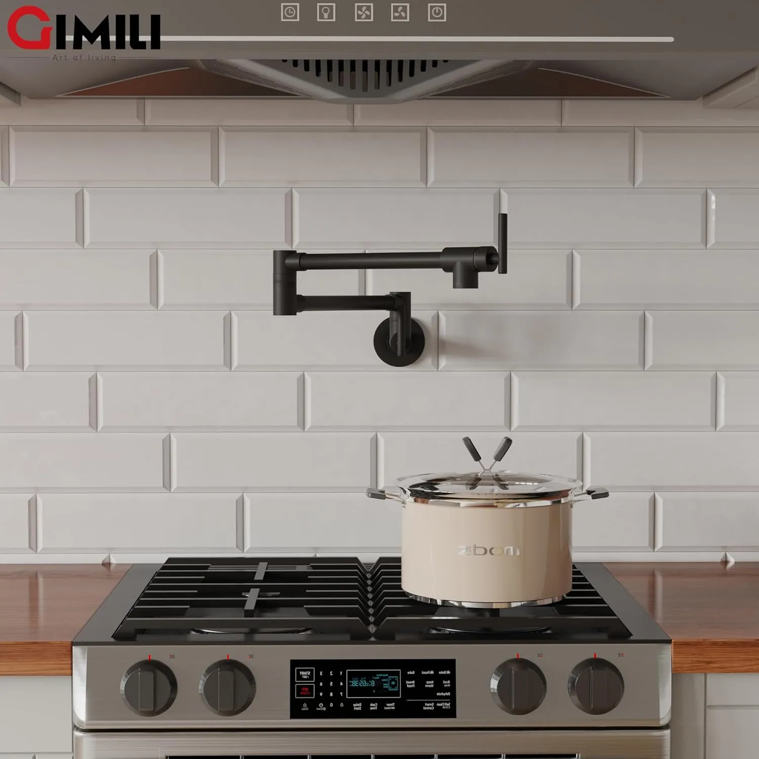 GIMILI Pot Filler Faucet Matte Black Wall Mount Folding Over Stove Stretchable Double Joint Swing Arm Kitchen Faucet
