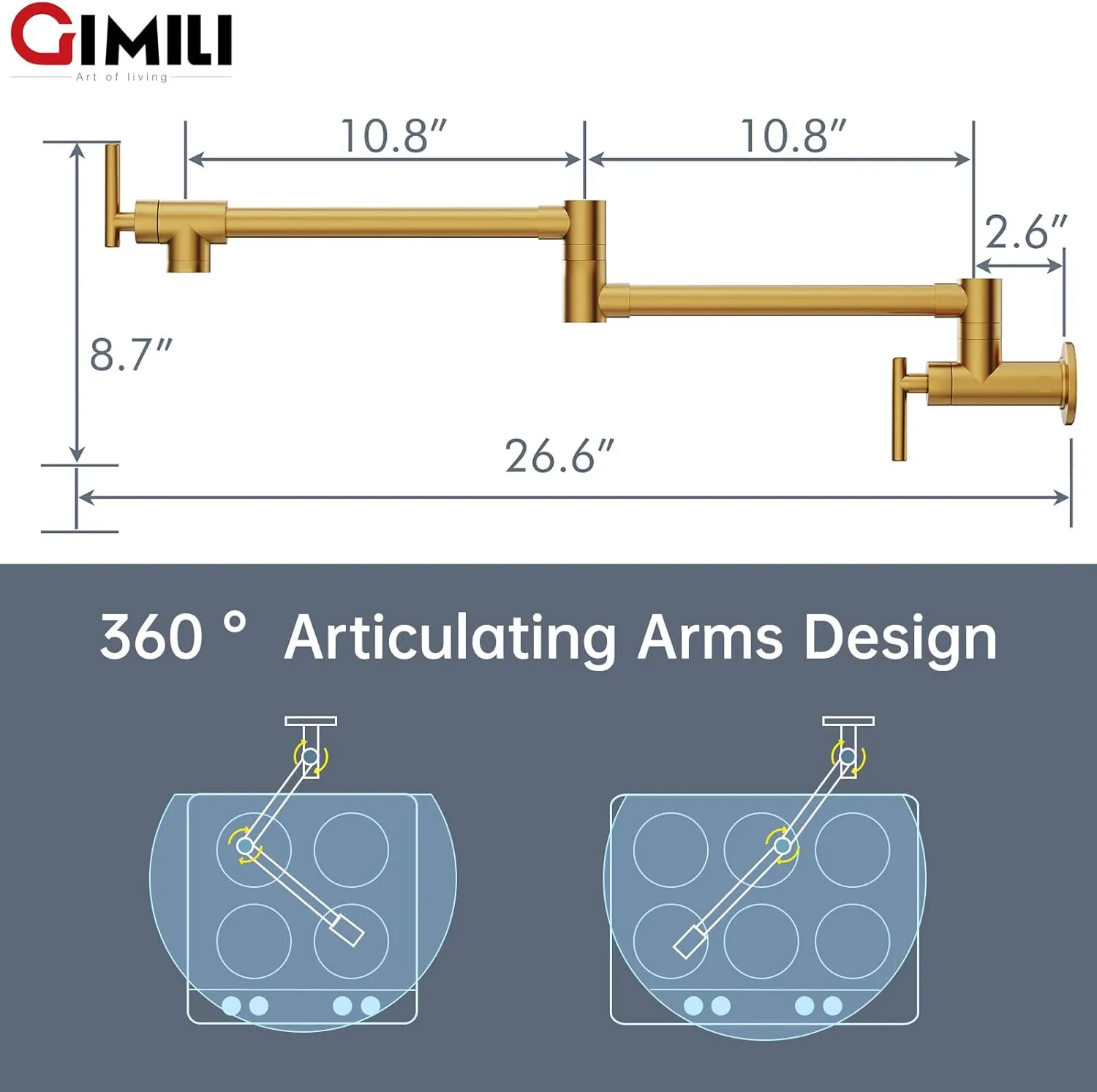 GIMILI Pot Filler Gold Commercial Wall Mount Faucet Folding Stretchable Double Joint Swing Arm Pot Filler Copper Rotatable Wall Faucet