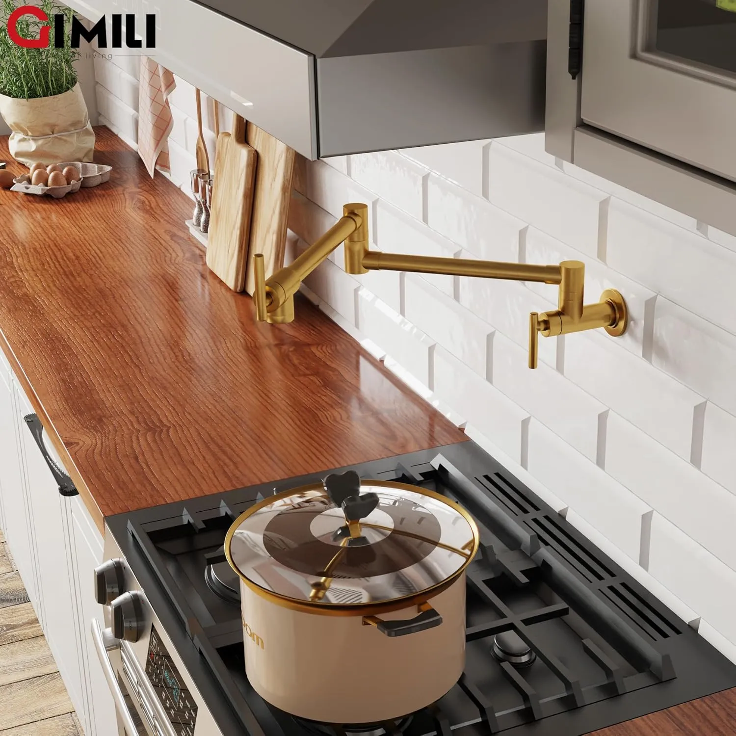 GIMILI Pot Filler Gold Commercial Wall Mount Faucet Folding Stretchable Double Joint Swing Arm Pot Filler Copper Rotatable Wall Faucet